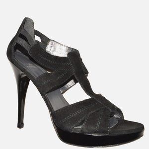STUART WEITZMAN 9 B BLACK SUEDE LEATHER 5" STILETTO HEEL PLATFORM SANDALS